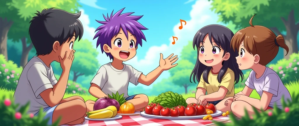 an image that represents what it is "healthy eating tips" with a young boy with purple hair , In 2D Japanese anime that is giving good nutrition advice to some friends 
