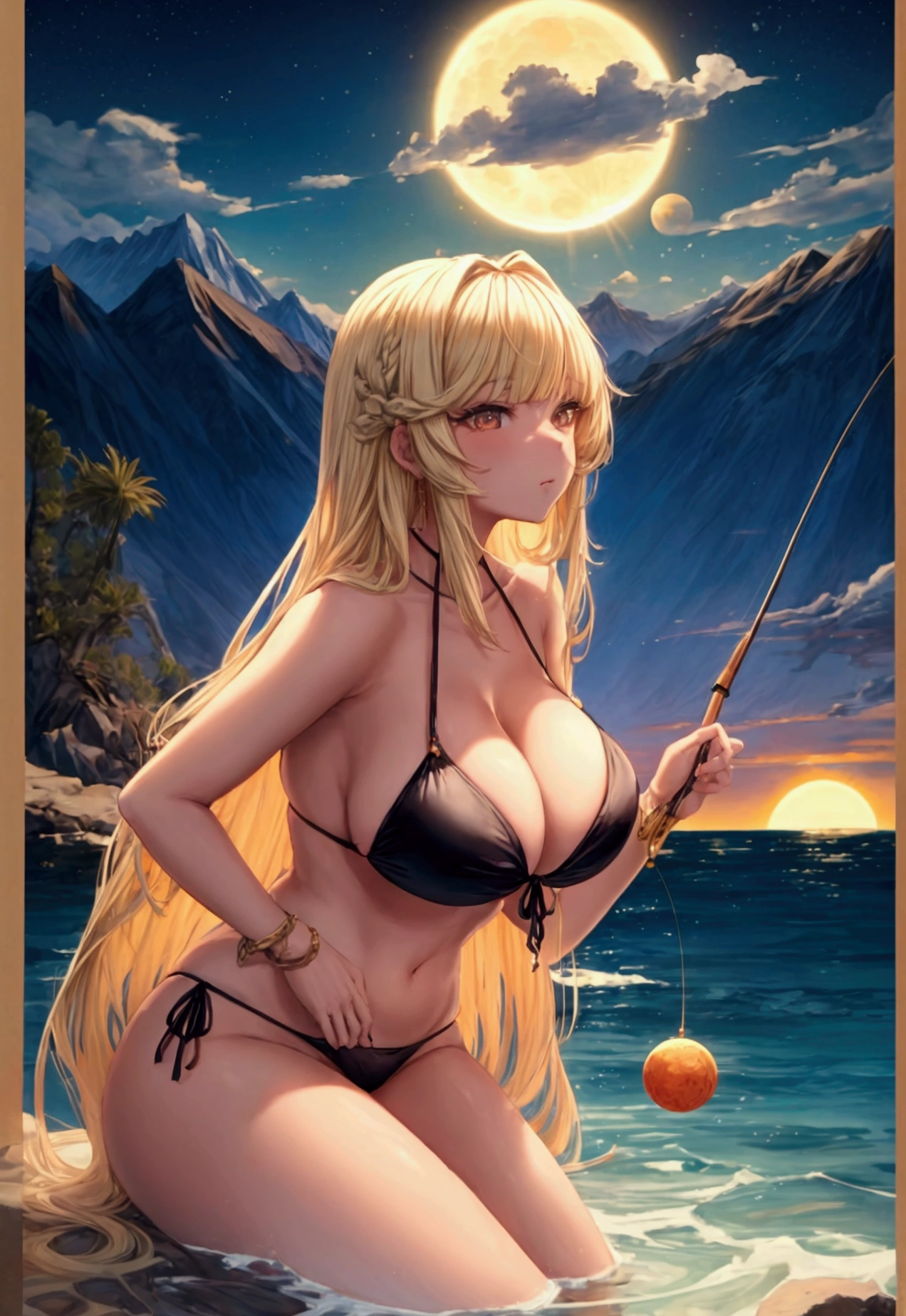 gigantic sun on the edge of the full moon behind it mountains. woman fishing in bikini long blonde hair long bangs 