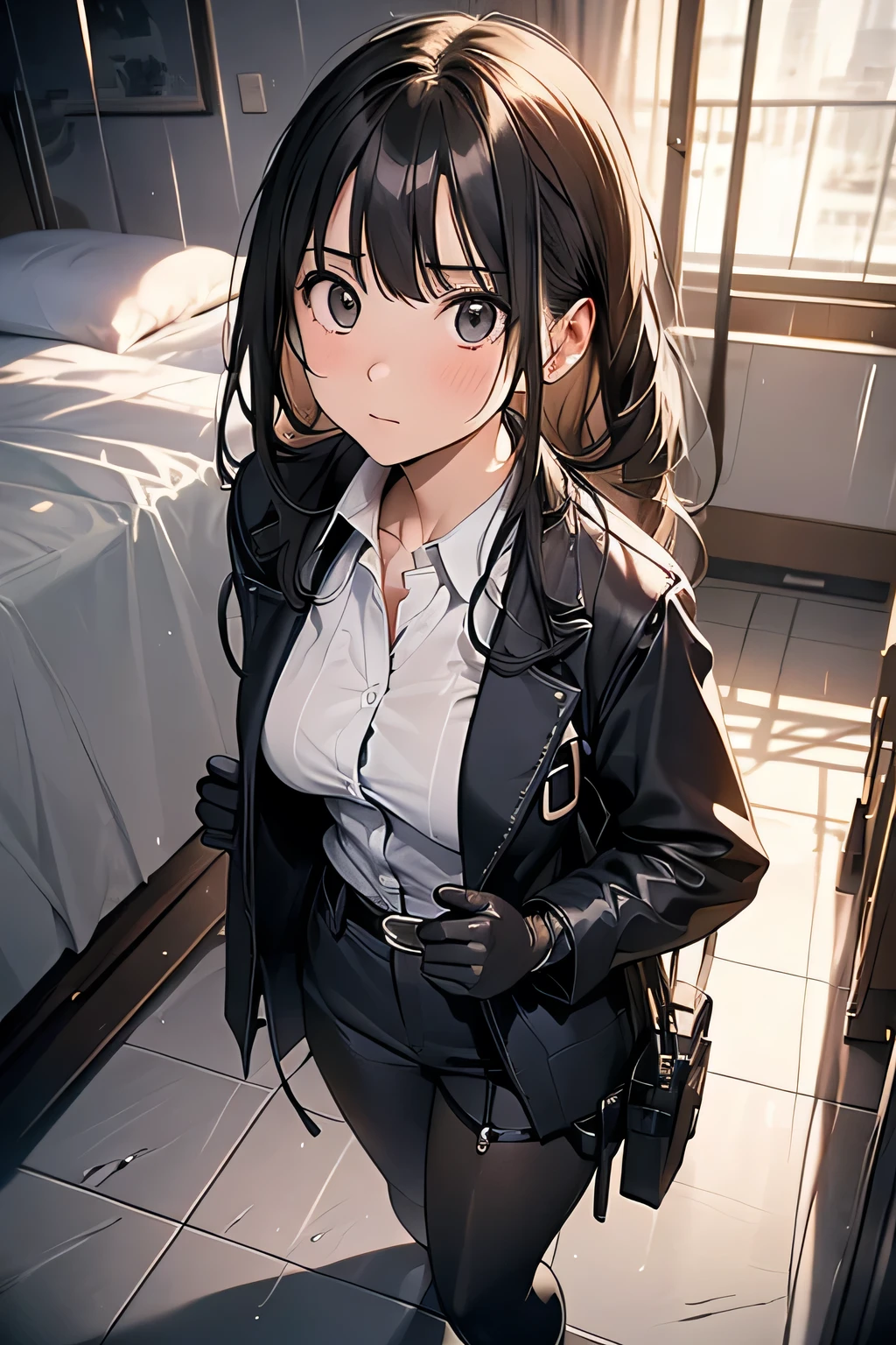 1 female, , high quality, masterpiece, Ultra-high resolution, , Cinema Lighting, , , And the suspenders with the cranes flying　　　Large Breasts　 　 　　　　Small face　 　　　holster　　　　　　　 Lying in bed　Looking up　　　　Sweat 　　　belt　summer　脇Sweat 　Black Hole Gloves　suit　shirt　　Black jacket　 Black trousers　Leg Links　ズボンにbelt　　holster　 　　Hands behind your back　 Anxious expression　Looking up　Anxious face, legs apart　Armament　　Cable ties　レッグholster　holster　See-through clothing　heavy rain　Getting wet in the rain