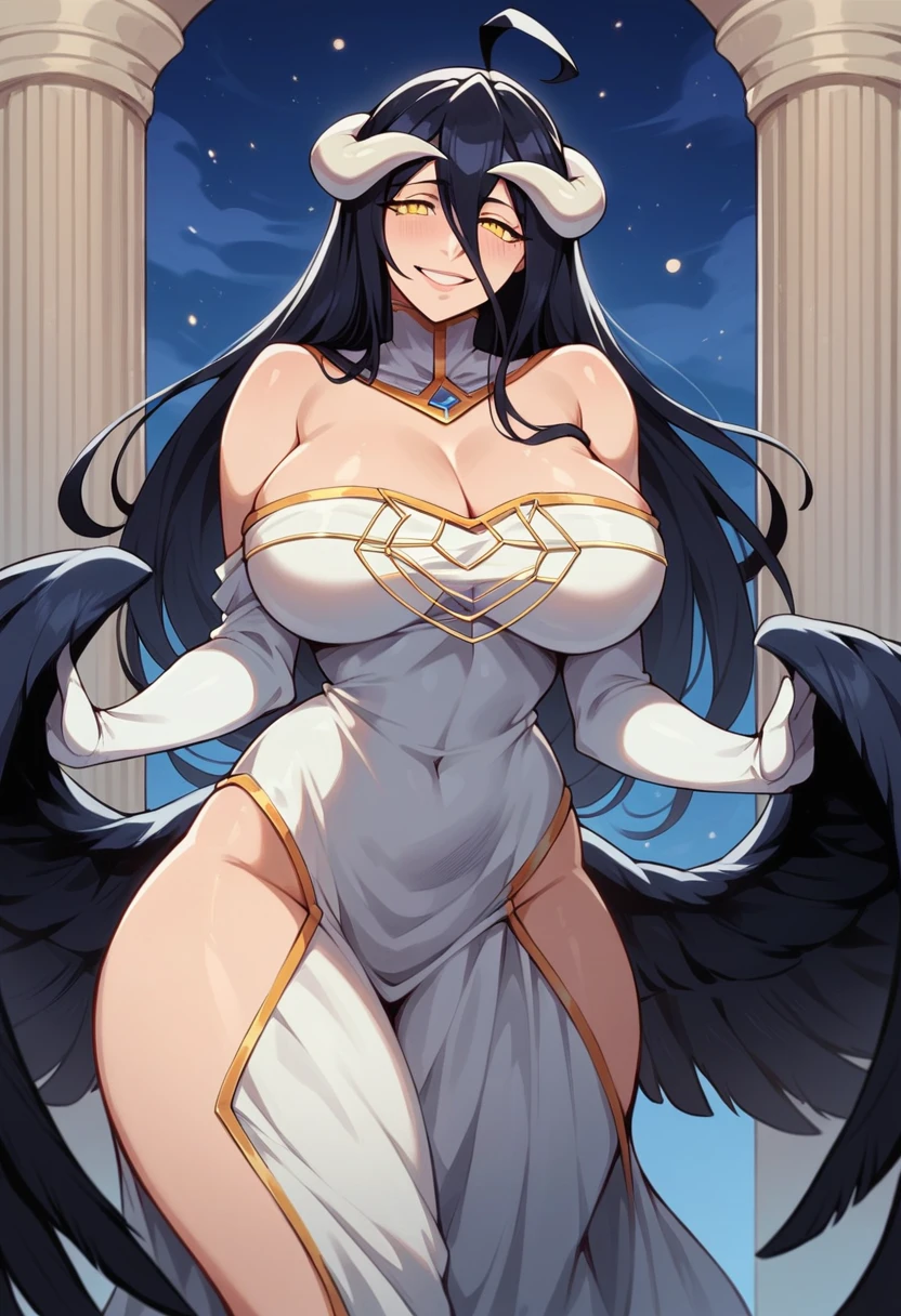 Albedo_Overlord,black hair,white horn,curvy body,big breast,big thighs, wearing original dress, gently smiling, leaning by the pillar,night time,midnight setting,erotic pose, nsfw,((doujin art style)).