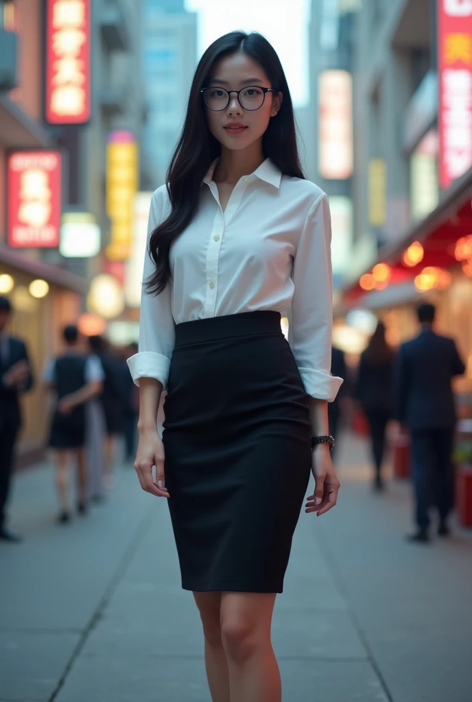 ((Japanese)), ((female)), ((5’8”)), ((pale white skin)), ((curvy body)), ((large boobs)), ((thick ass)), ((small waist)), ((long black hair)), ((black eyes)), ((thick rimmed glasses)), ((white button-up shirt)), ((black pencil skirt)), ((black high heels)), ((realistic)), ((best quality))
