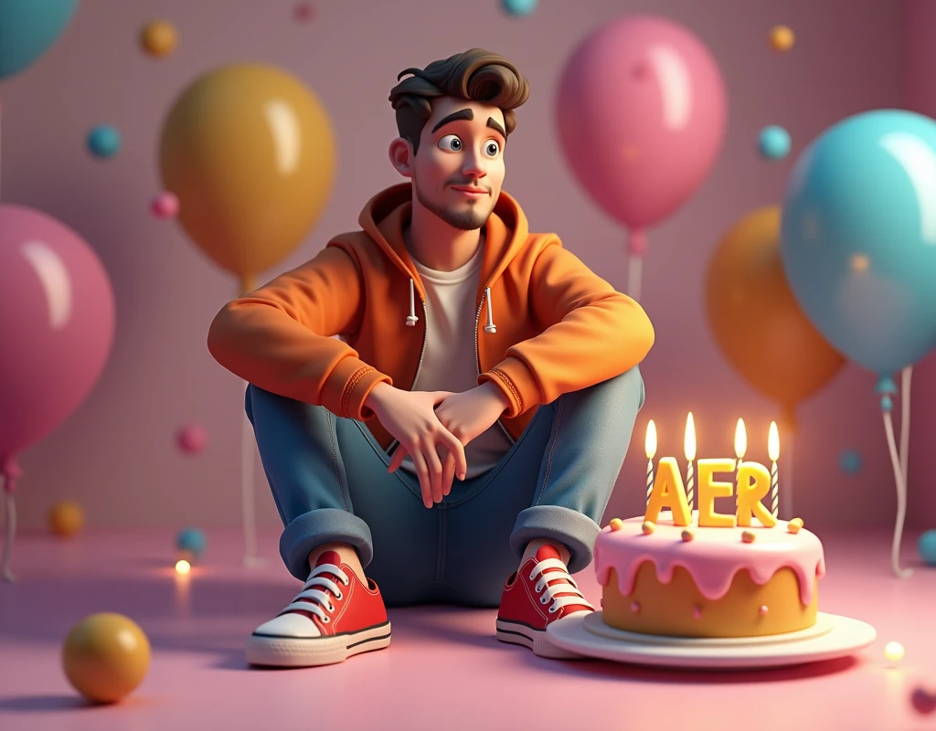 3D illustration of a man sitting casually down in front of a cake . The character must wear casual moder clothing such as jeans jackets and sneakers shoes. The background of the image is a party theme. Write 'A M E E R' on the birthday cake. Please Make sure the text is not misspelled. His age is 34