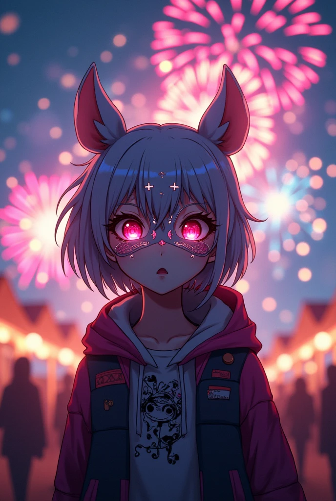 A genderless human wearing a mask that covers the entire face. Anime-style fireworks. Short silver hair. Cute. 20 years old.