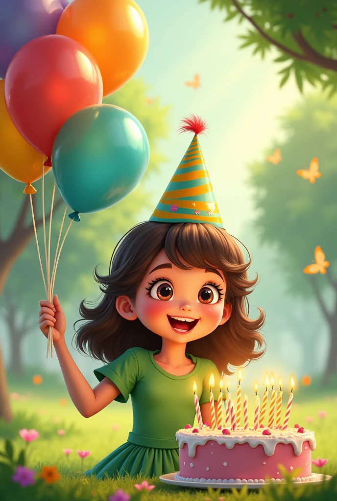 Young brunette with balloons blowing a cake and with a hat on his head Cartoon green clothing