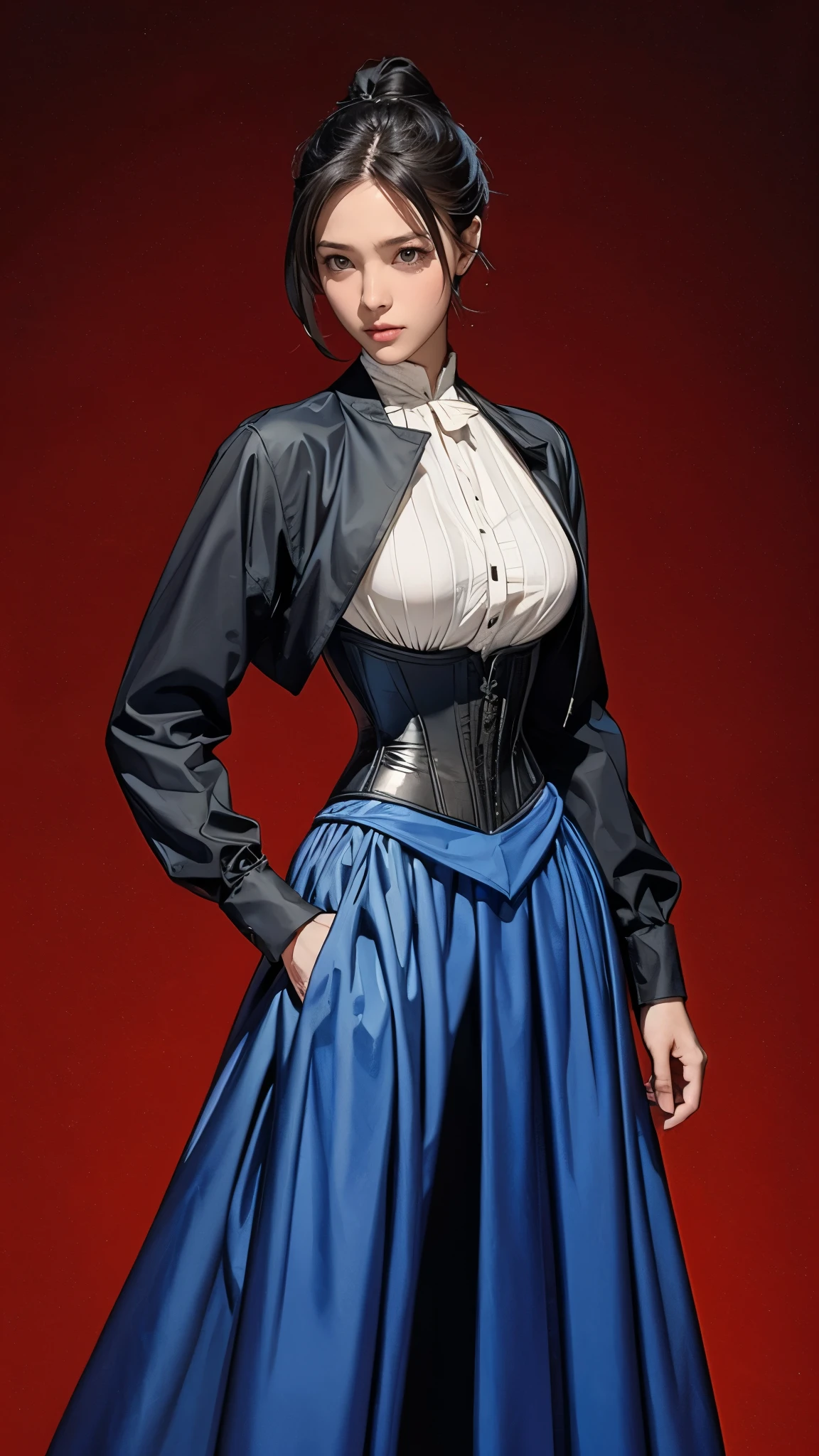 Old West, , Very slim, Very thin waist, , Hourglass Shape, Hair tied up, corset, Long skirt, Gunslinger