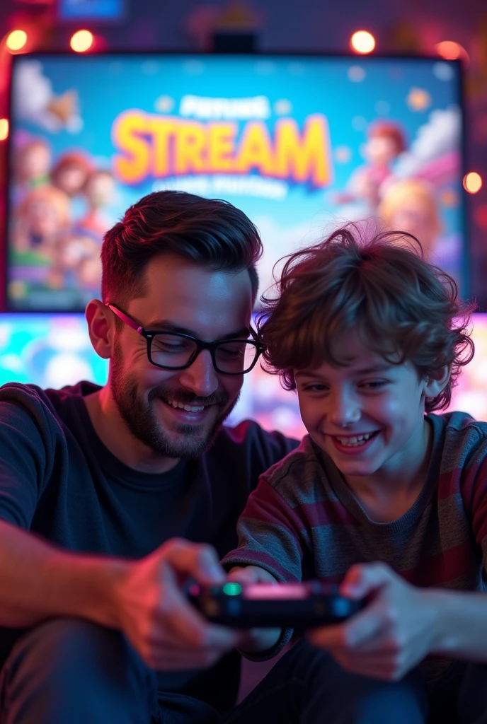 Dad wearing glasses and son brown hair playing games anime stream logo