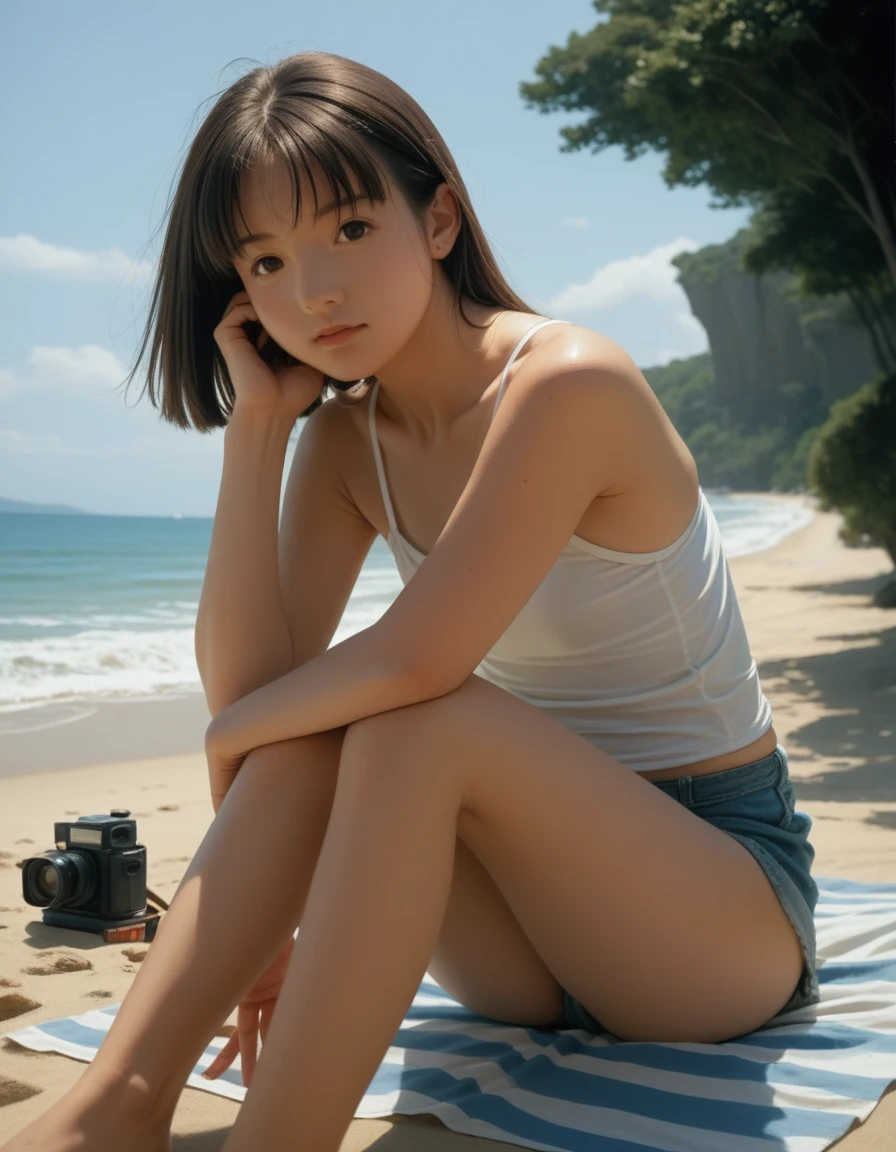 painting in the style off Yoshitomo Nara, a woman sitting on the beach with a coke in her hand, martin parr, taken on 1970s kodak camera, taken in the late 1980s, eighties amateur photography, taken on a 1970s polaroid camera, aged 2 5, taken on a 1960s kodak camera, aged 20