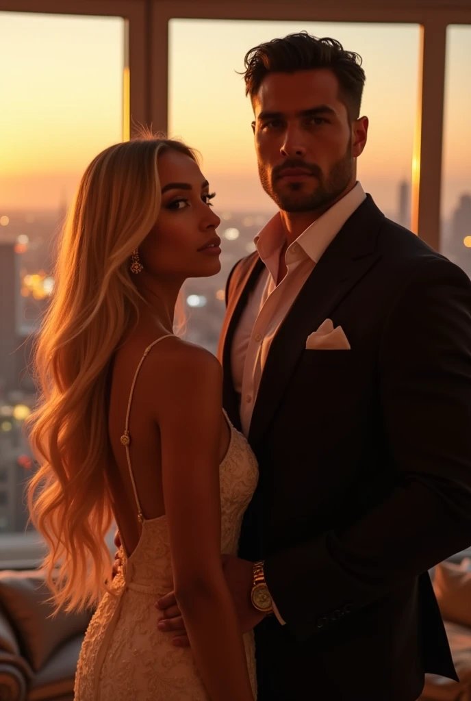   Create an image of the most beautiful rich blond young woman and her black haired buff billionaire husband