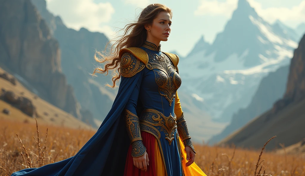 Moldova as a curvy female warrior League of Legend creature in navy blue, yellow and carmine colors. Intricated clothing. Cinematic Fantasy sci-fi landscape background