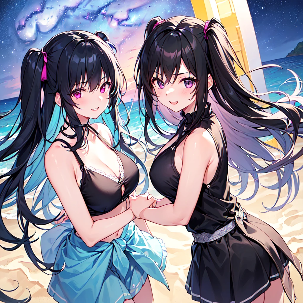 masterpiece, best quality, high quality, extremely detailed, very delicate and beautiful, (3female 18 years old three: 1.5), (long black hair up to waist with two side up: 1.5), bangs to eyebrows, eyes Eyes sharp, strong, glossy, glossy eyebrows, (eye color magenta:1.3), 6.5 head tall, (summer sleeveless casual fashion: 1.3), lace, frills, (smiling), (walking), (dynamic pose), (ocean beach: 1.3) ,(Milky Way Night Sky:1.3)