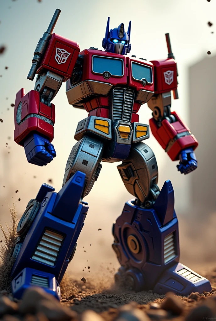ery much realistic optimus prime with shiny glowy eyes and glowy metallic colours. Keep it very realistic.he is standing with attitude and slightly tilted and the colours of optimus prime is more bold and shiny and more more realistic glowy eyes. The body should be in an action type. Like he is attacking or defending himself . In a action pose
