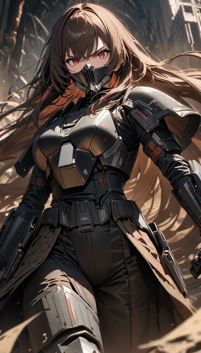 Adult girl, very long brown hair, red eyes, black Mandalorian armor, serious, Masterpiece, best quality, Full HD, 8k, ultra details, great graphic