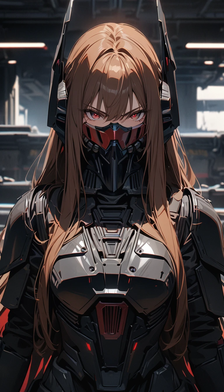 Adult girl, very long brown hair, red eyes, black Mandalorian armor, serious, Masterpiece, best quality, Full HD, 8k, ultra details, great graphic