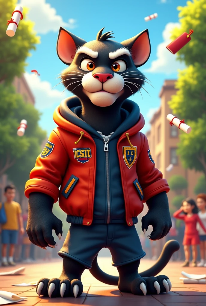Fierce Panther in cartoon representing a university with a jacket 