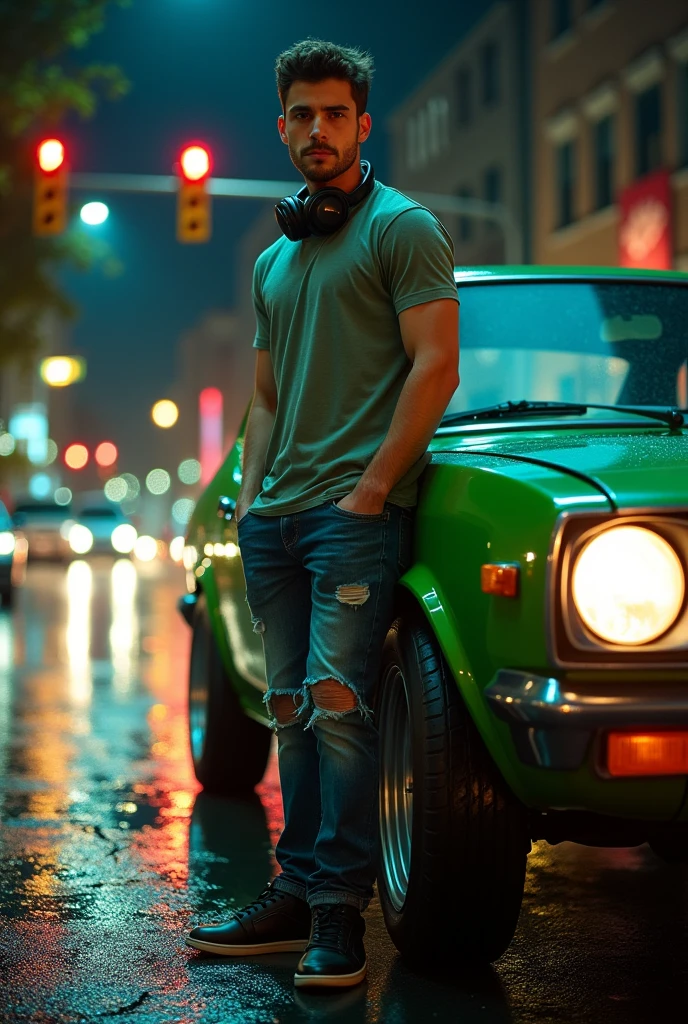 (photorealism:1.2), handsome man is holding a cigaretes on his finger, t-shirts and tight scars jeans, standing beside his modified toyota starlet hatchback(glossy green), smoked, the traffic lights and marks, low angle camera shots, headphones on his neck, black nike sneakers, car lights in the streets at nights