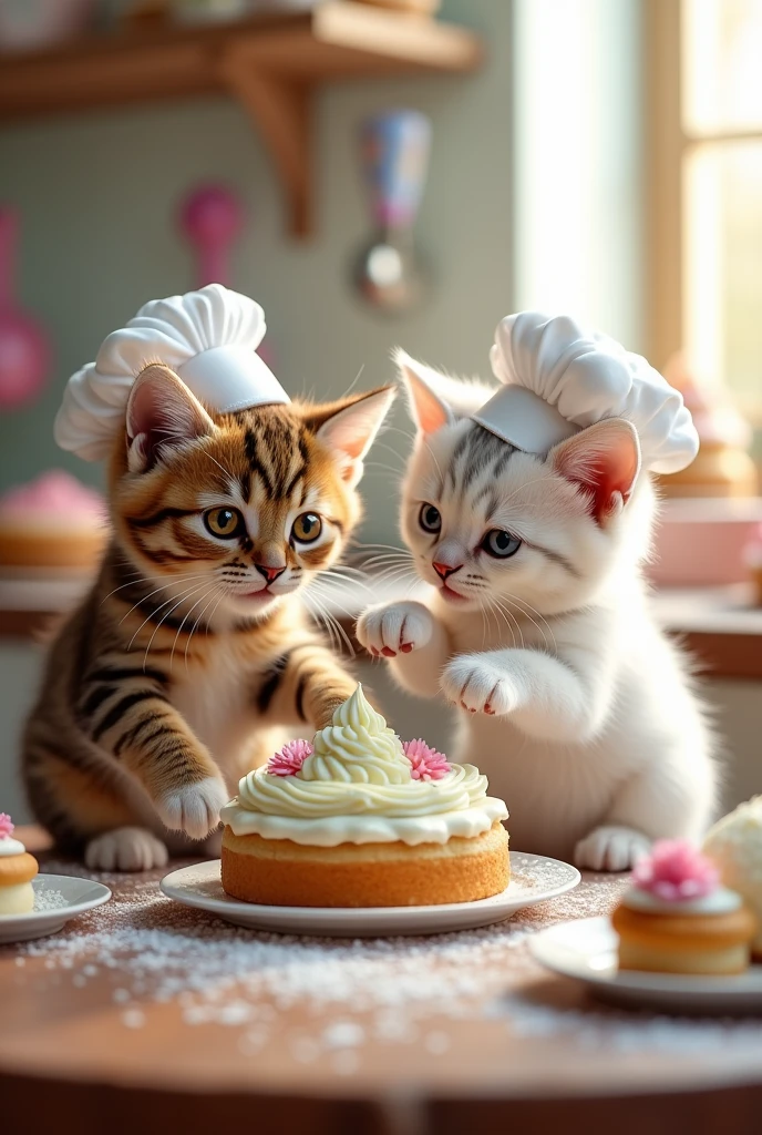Kitten pastry chefs making cakes。Brown and white tabby。Squeeze the cream。Look at the cake。