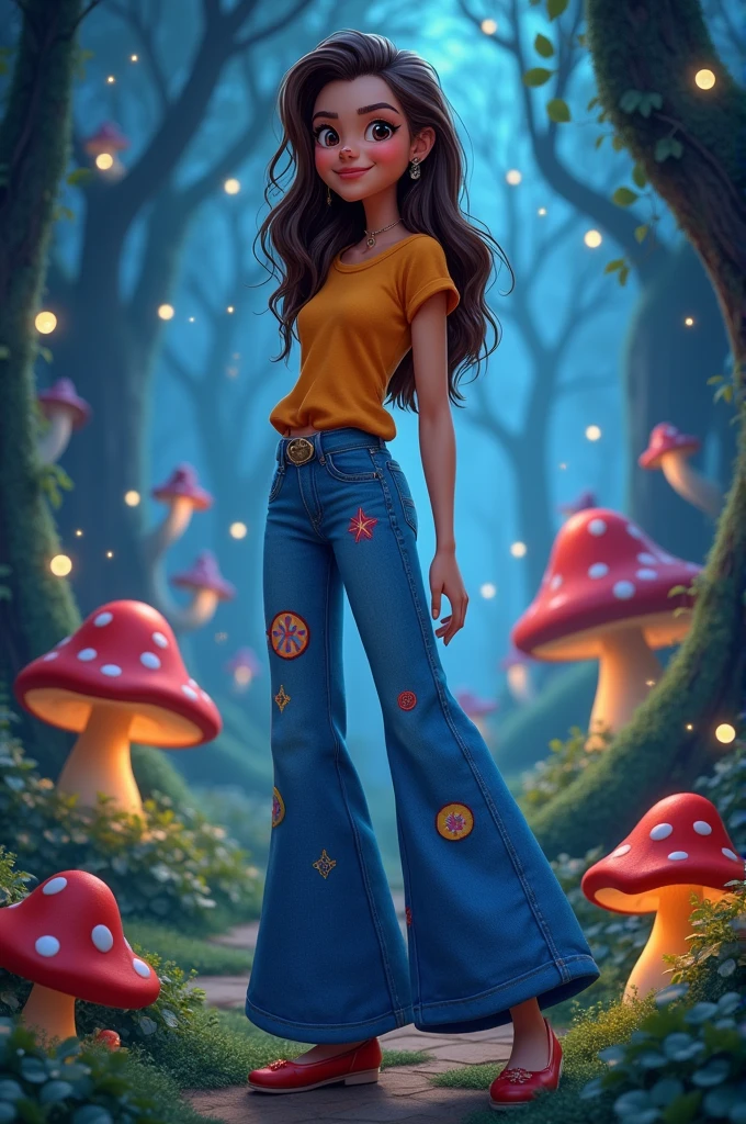 Disney-type image of a slim brunette with medium-long wavy hair, Brown eyes, right nose piercing.
With long jeans, agree