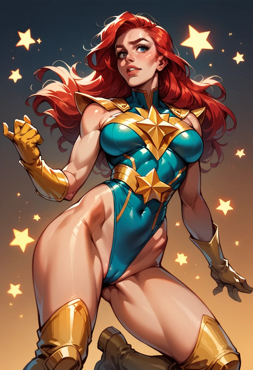 score_9, score_8_up, score_7_up, score_6_up, score_5_up, score_4_up, Sexy, Superheroine, Red hair, long hair, busty, ((blue highleg leotard with a t-back thong and a gold star insignia on chest)), gold boots, gold gloves