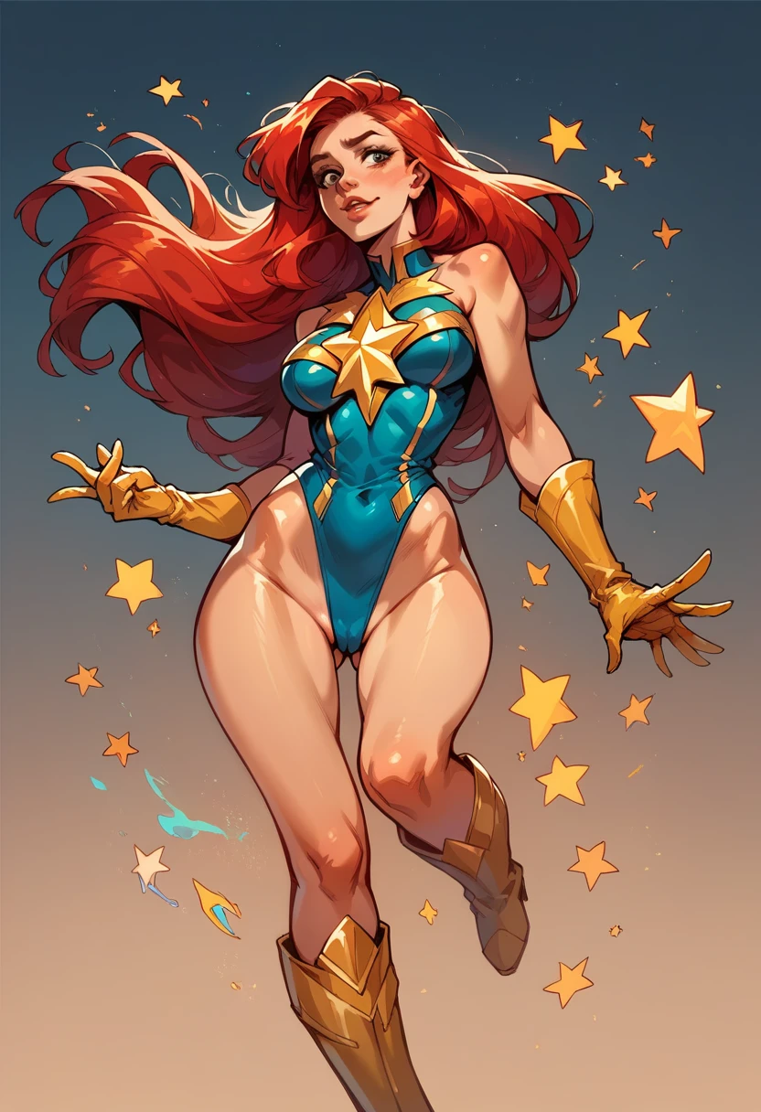 score_9, score_8_up, score_7_up, score_6_up, score_5_up, score_4_up, , Superheroine, Red hair, long hair, busty, ((blue highleg leotard with a t-back thong and a gold star insignia on chest)), gold boots, gold gloves