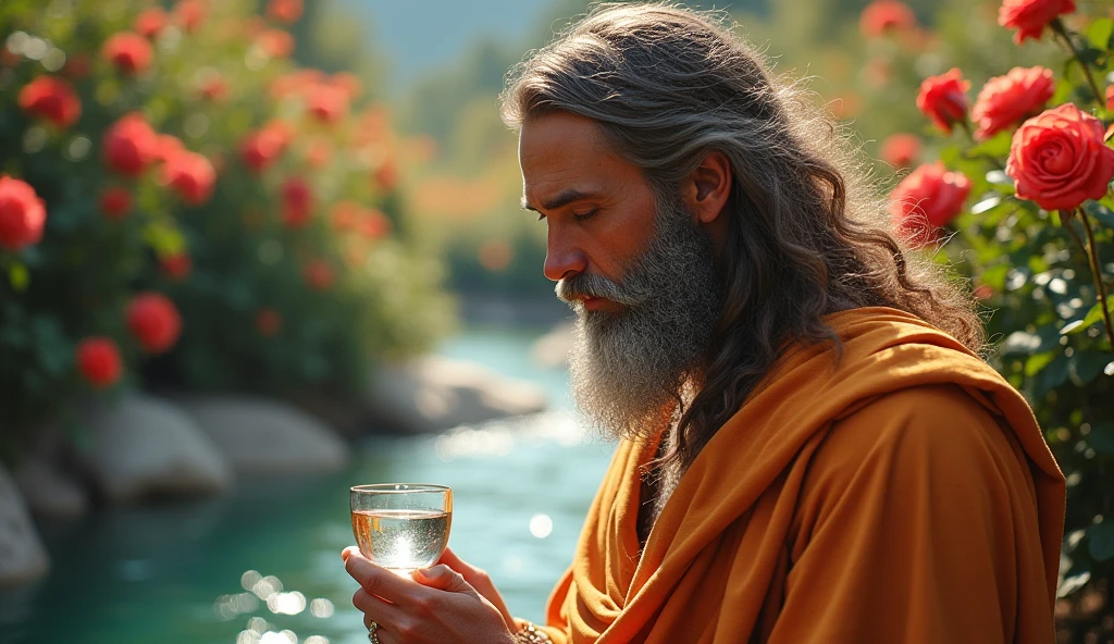 Portrait of John the Baptist, with long hair and beard, holding a goblet of water, which symbolizes baptism. The background is a landscape of roses and running water., evoking tranquility and reflection.