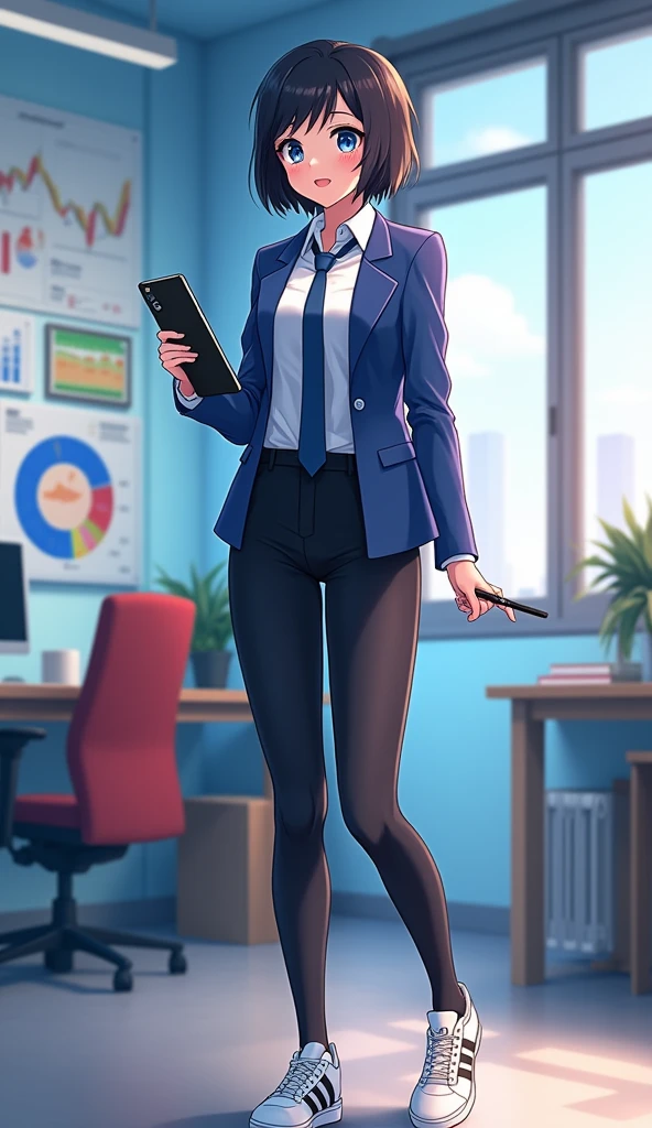 The young woman short black hair and blue eyes wear a blue suit, white shirt, dark blue necktie, black pencil skirt, black underpants, long black tights, black socks, adidas white sneakers.

She wears the glasses, Her left hand holds a tablet, Her right hand holds a black pen of tablet, Her eyes are dazzled and smiled, cartoon anime, 4K, HD