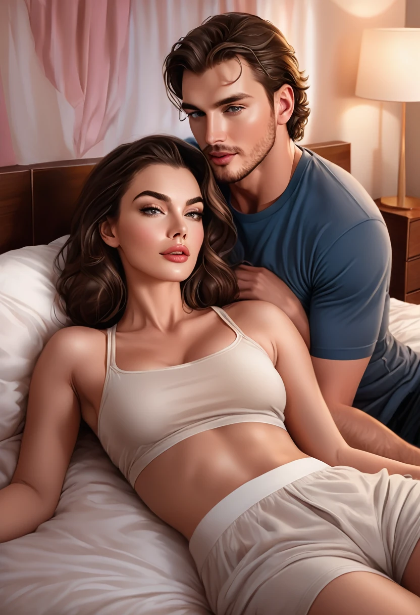 Generate illustration of a gorgeous 34 year old man, identical to Chris Wood, in a female room, on the  bed, with a beautiful woman like Amy Jackson, both wearing casual clothes despite being expensive. 
In a romantic and intimate position, that conveys a feeling of comfort and affection between the two.