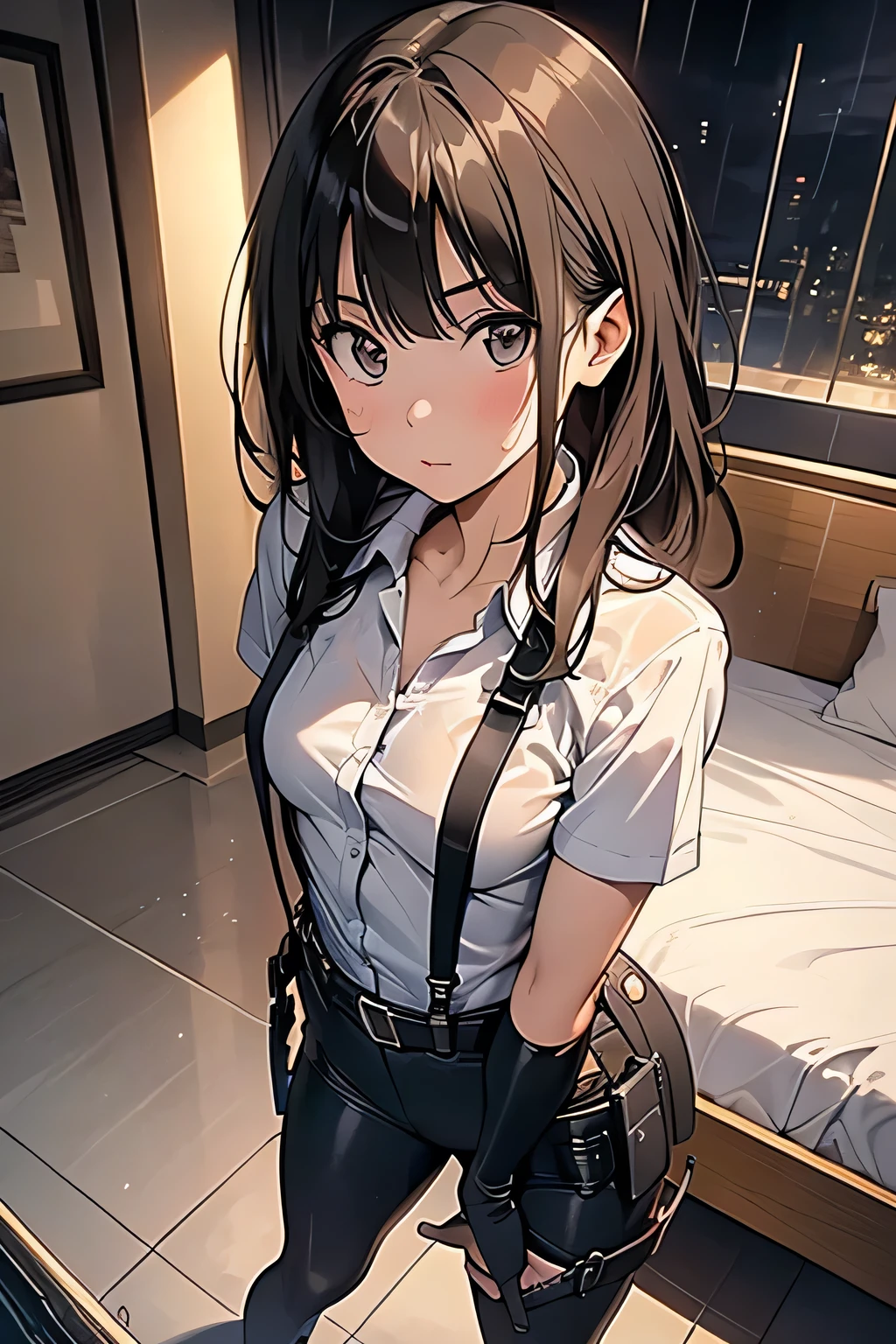 1 female, , high quality, masterpiece, Ultra-high resolution, , Cinema Lighting, , , And the suspenders with the cranes flying　　　Large Breasts　 　 　　　　Small face　 　　　holster　　　　　　　 Lying in bed　Looking up　　　　Sweat 　　　belt　summer　脇Sweat 　Black Hole Gloves　suit　shirt　　Black jacket　 Black trousers　Leg Links　ズボンにbelt　　holster　 　　Hands behind your back　 Anxious expression　Looking up　Anxious face, legs apart　Armament　　Cable ties　レッグholster　holster　See-through clothing　heavy rain　Getting wet in the rain