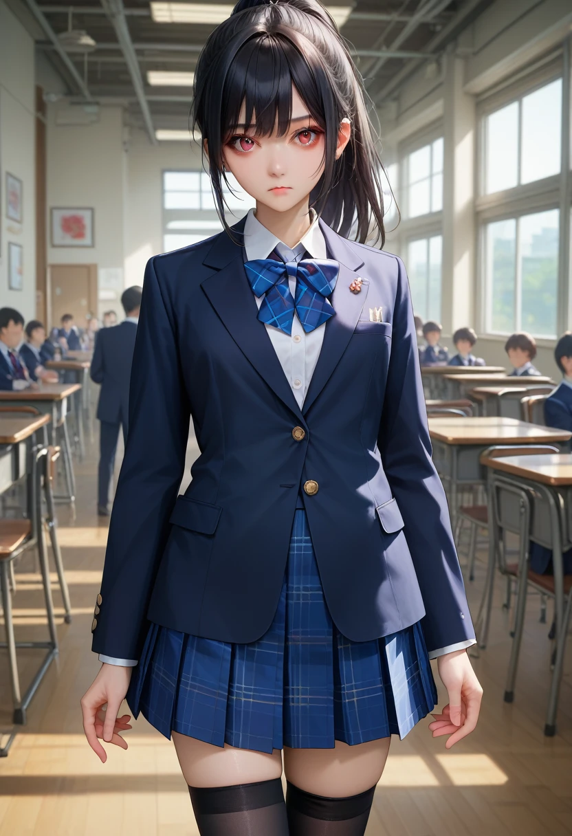 imtdzwei, black hair, red eyes, ponytail, bangs, plaid skirt, school uniform, jacket, thighhighs, bowtie, collared shirt, zettai ryouiki.9,score_8_up,score_7_up,masterpiece,best quality,perfect anatomy,very aesthetic,official art,8k,shiny_skin,fair_skin,white_skin, Идет по Улице с Улыбкой