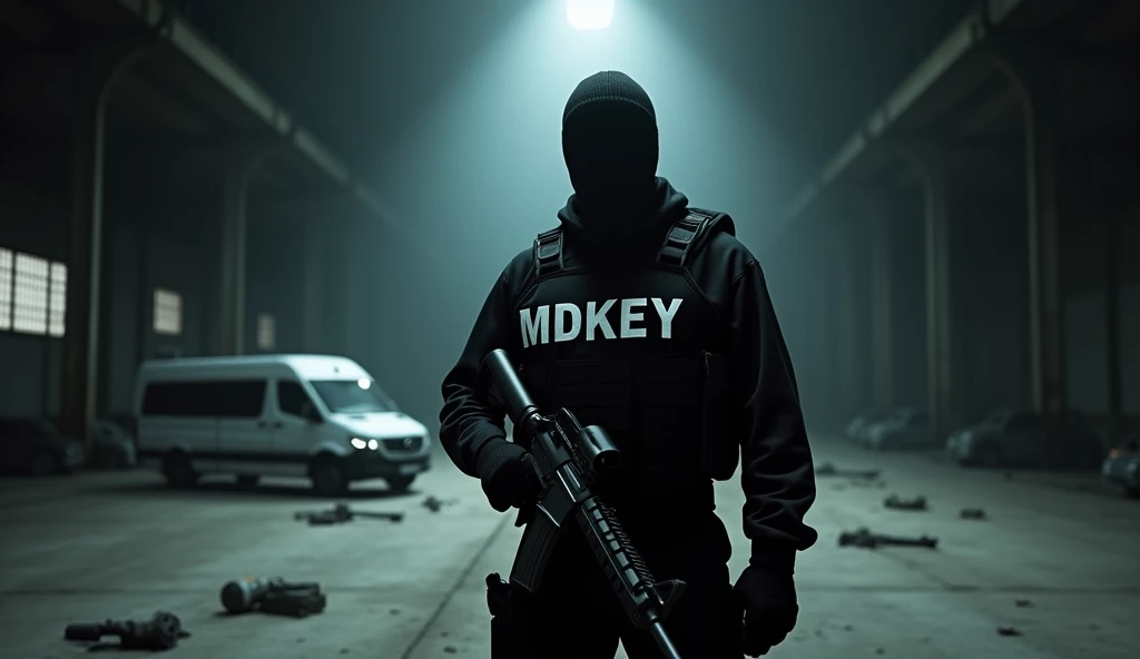 Photorealistic photograph of a modern military man in an all-black uniform. It stands in an abandoned hangar., illuminated by a single spotlight, directed at him. His bulletproof vest is emblazoned with the words “MDKEY” in large white letters.. The atmosphere is tense, full of mystery, with a sense of hidden danger. details: A soldier holds an American assault rifle model M4A1 in his hand, his face is hidden under a black mask, the remains of military equipment are scattered on the floor. Behind him, in shades, there is a white minivan with fully tinted windows.