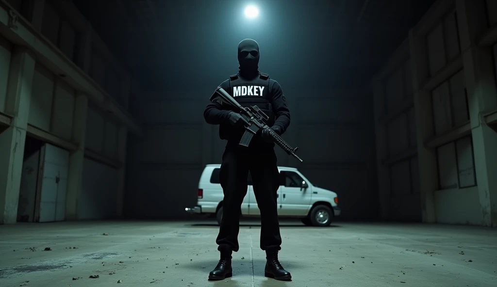 Photorealistic photograph of a modern military man in an all-black uniform. It stands in an abandoned hangar., illuminated by a single spotlight, directed at him. His bulletproof vest is emblazoned with the words “MDKEY” in large white letters.. The atmosphere is tense, full of mystery, with a sense of hidden danger. details: A soldier holds an American assault rifle model M4A1 in his hand, his face is hidden under a black mask, the remains of military equipment are scattered on the floor. Behind him, in shades, there is a white minivan with fully tinted windows.
