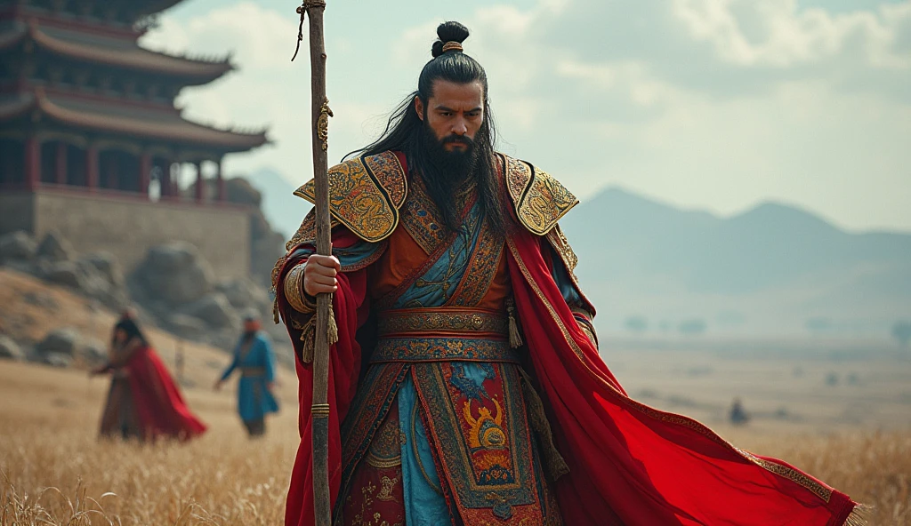 Mongolia as a mongol League of Legend creature in red, blue and yellow. Intricated clothing. Cinematic Fantasy sci-fi landscape background