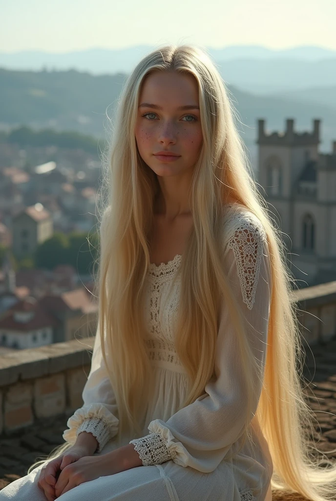 1girl , Solo, Aesthetic artwork, blond, straight blonde hair, super long blonde hair, light blue eyes, some small freckles, pale skin, medium breasts,ge, runne (thin hips, thin waist: 1.25), (arched back:1.12), detailed skin, neutral face, shy smile, (kneeling: 1.25), skimpy sexy lingerie, Janea Prmore, (detailed Castle roof background:1.1), rooftop, overlooking medieval city, 24mm, 4k textures, soft cinematic light, RAW intricate, elegant, highly detailed, sharp focus, ((((cinematic look)))), soothing tones, insane details, intricate details, hyperdetailed, low contrast, soft cinematic light, dim colors, exposure blend, hdr, faded