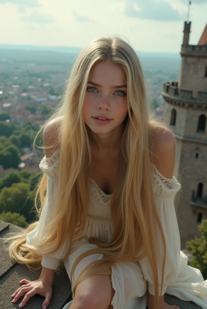 1girl ager, Solo, Aesthetic artwork, blond, straight blonde hair, super long blonde hair, light blue eyes, some small freckles, pale skin, medium breasts, cleavage, runners body, (thin hips, thin waist: 1.25), (arched back:1.12), detailed skin, neutral face, shy smile, (kneeling: 1.25), skimpy sexy lingerie, Janea Proudmore, (detailed Castle roof background:1.1), rooftop, overlooking medieval city, 24mm, 4k textures, soft cinematic light, RAW intricate, elegant, highly detailed, sharp focus, ((((cinematic look)))), soothing tones, insane details, intricate details, hyperdetailed, low contrast, soft cinematic light, dim colors, exposure blend, hdr, faded