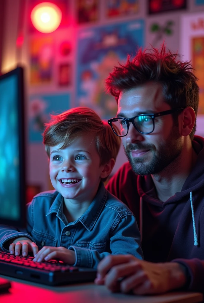Dad wearing glasses and son brown hair playing games anime stream logo
