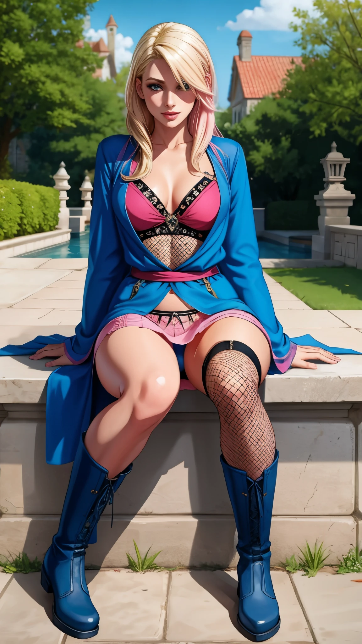 sorceress, sitting, boots, fishnet stockings, mini skirt, rebel, pink panties, blonde hair, blue robe
