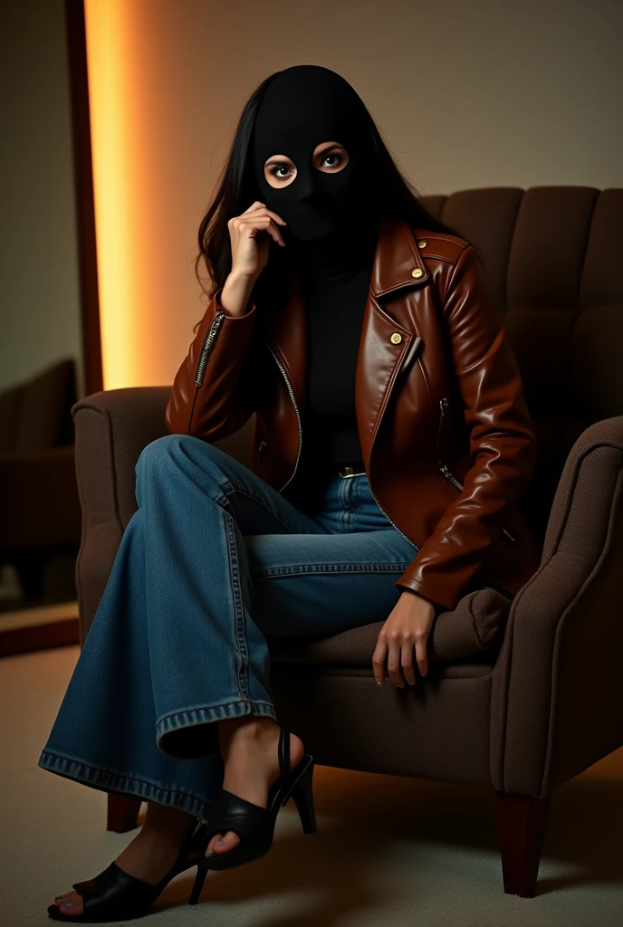 completely hidden face misterious white arabic woman wearing 2 eye holes black ski mask covering mouth and nose, without hair, brown biker leather jacket, wide leg denim pants, bracelet and watch, sitting on the chair on the bedroom, high hills sandals, crossing legs, hand on her face, in front of the mirror