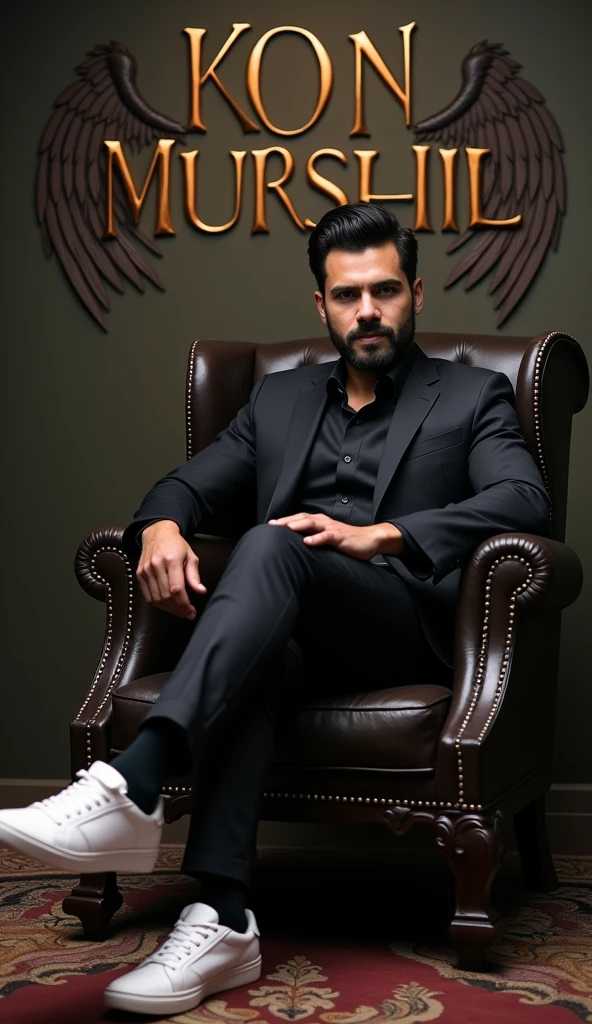 Create a realistic image for a profile picture where a 27 year old “Man”,With a Black suit, casually on a wings back chair, wearing sneakers a white,, the background features “Kon Murshid ? in big and capital letters gothic,calligraphy font on the back wall, there should not be his shadow and there are wings to make it appear as if he is angel. full ultra high detail realisitic qulaity