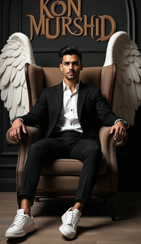 Create a realistic image for a profile picture where a 27 year old “Man”,With a Black suit, casually on a wings back chair, wearing sneakers a white,, the background features “Kon Murshid ? in big and capital letters gothic,calligraphy font on the back wall, there should not be his shadow and there are wings to make it appear as if he is angel. full ultra high detail realisitic qulaity
