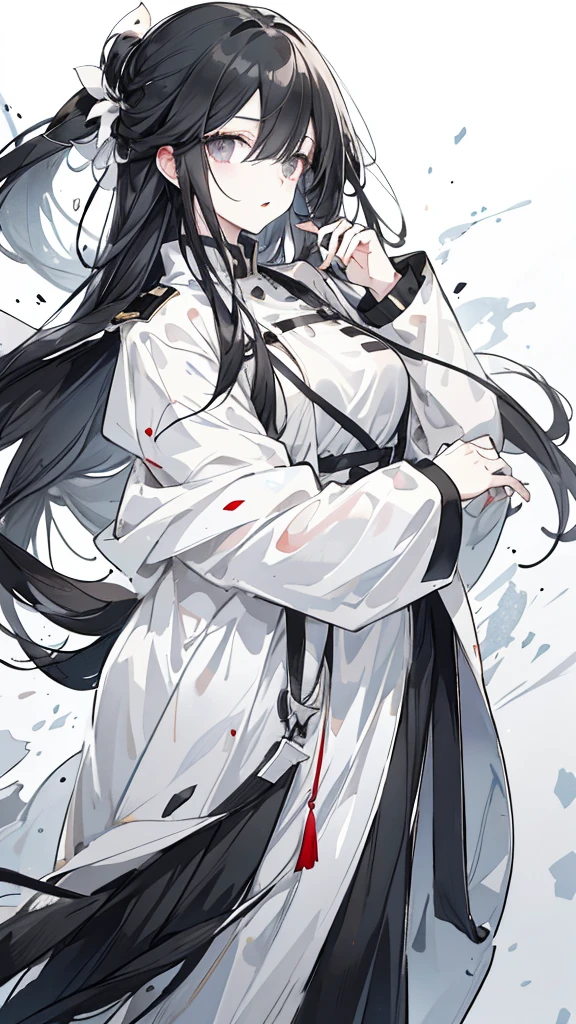 wagtail,Long black hair,Hair tips are white,Different colored eyes,The eyes are different color,The left eye is black,Right eye is silver,White military uniform and black windbreaker
