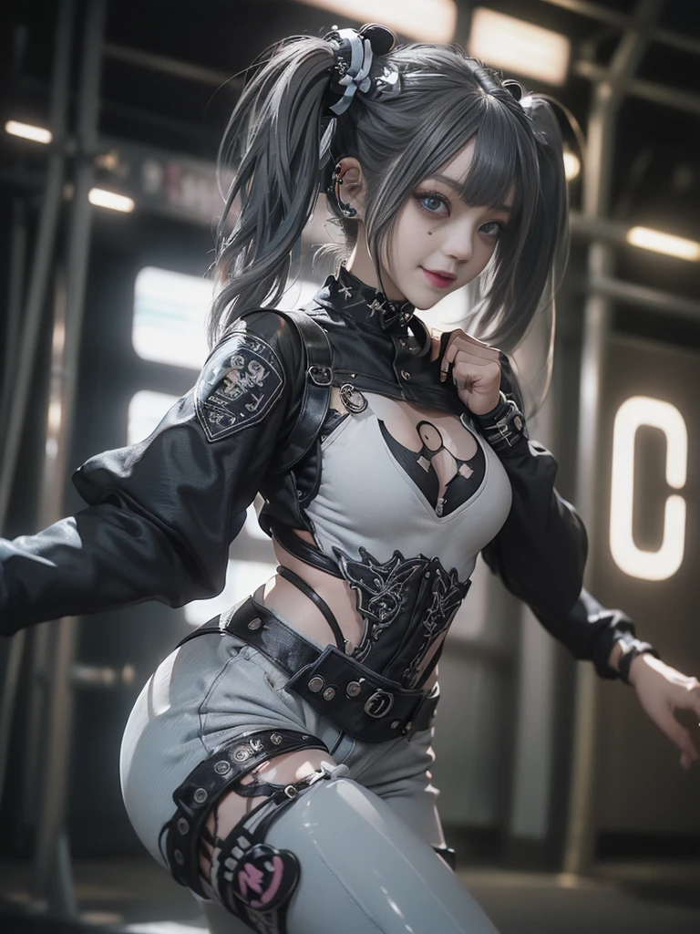 (Full body view:1.4)、(Full Body View:1.2)、(Smiling with teeth showing:1.3),(Shibuya Gal:1.5)、(Goth Style Fashion:1.5)、(Punk RockVisual Kei:1.5)、(Wearing a rhythmic gymnastics bodysuit with intricate details:1.4)、(Racing suit and pants with delicate decorations in white, denim and charcoal:1.5)、(Denim and light blue and white boots:1.3)、((belt))、(Numerous delicate logo marks all over the costume:1.4)、(collar:1.3)、(Striped underwear:1.5)、20-year-old、NSFW、((Highest quality、In 8K、masterpiece:1.3))、Sharp focus:1.2、(Layered Cut、Huge boobs:1.1),Beautiful woman with perfect figure:1.4、(Dancing vigorously:1.3)、Slender Abs:1.2、Highly detailed face and skin texture、Detailed eyes、double eyelid,(Twin tails:1.3)、(Dark silver hair:1.3)、Gravure idol、(The background is the stage of the fashion show:1.3)、(Slim Body:1.3),(Make your legs thinner:1.4),(clavicle:1.1)、(Thin and slim thighs:1.3)