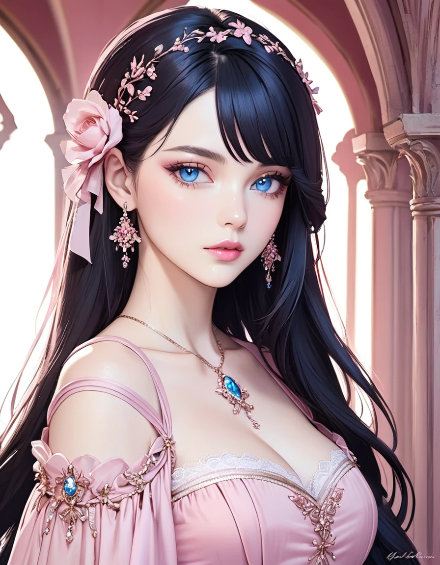 Beautiful woman with long black hair, side-swept bangs, sparkling blue eyes, light pink lips, fair skin. Beautiful renaissance pink dress.