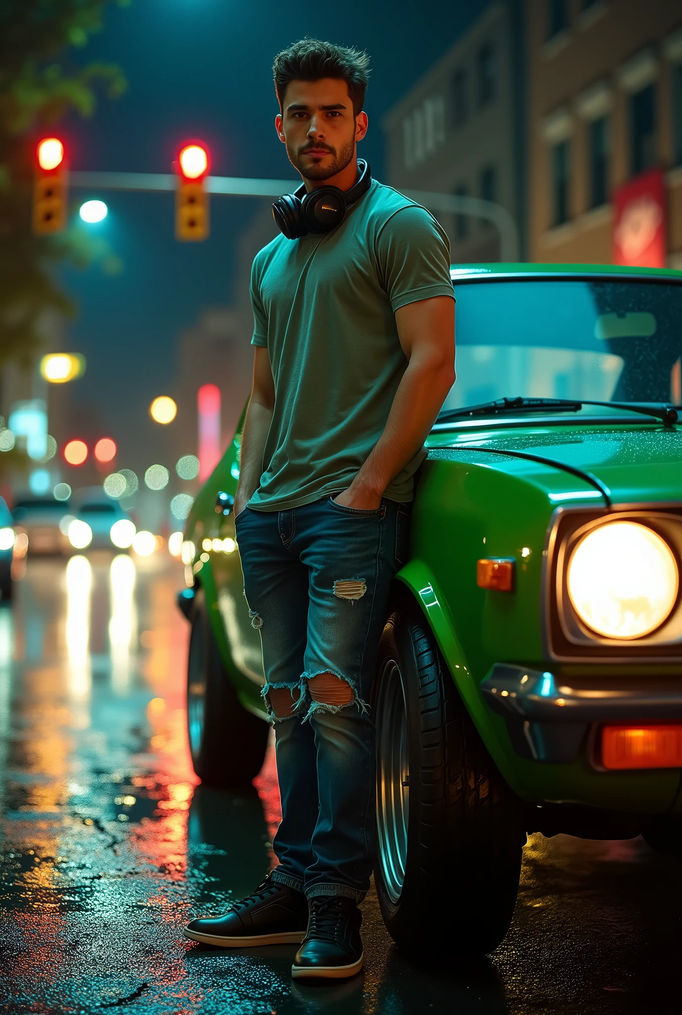 (photorealism:1.2), handsome man is holding a cigaretes on his finger, t-shirts and tight scars jeans, standing beside his modified toyota starlet hatchback(glossy green), smoked, the traffic lights and marks, low angle camera shots, headphones on his neck, black nike sneakers, car lights in the streets at nights
