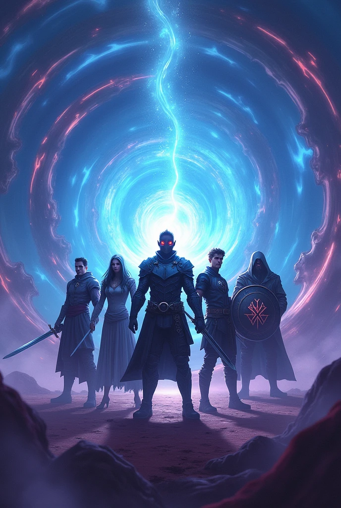 A title picture on the topic "vortex" for an esports group. With 5 people in total. a swordsman, a magician, ein Assasin mit einer Kutte und ein Schwer gepanzerter großer Held mit einem Schild Epischer vortex Hintergrund.