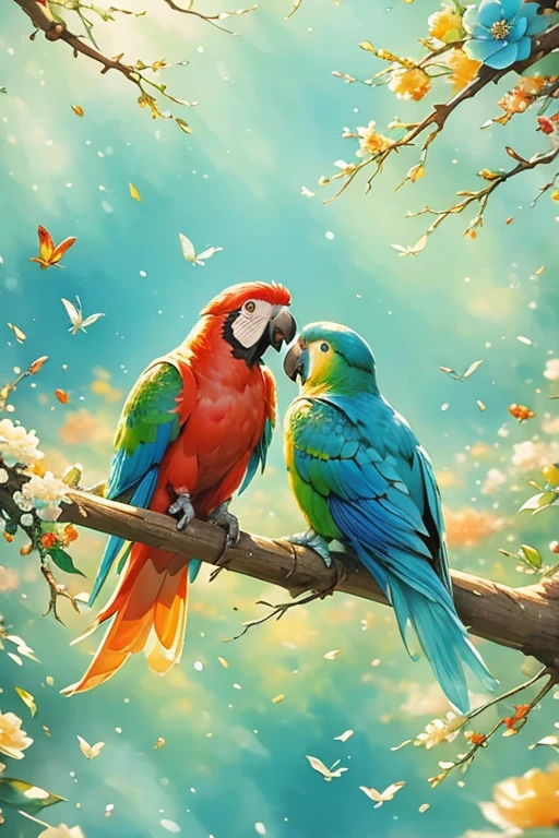 Chinese composition, a colorful parrots facing each other, perched on branches, long tail, blue flowers, artwork, white space, Chinese style, soft tone, low contrast, 2.5 D illustration, SD rendering, best quality, 4K, nature-inspired compositions,