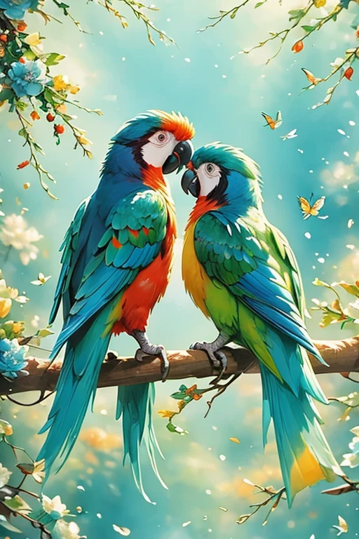 Chinese composition, a colorful parrots facing each other, perched on branches, long tail, blue flowers, artwork, white space, Chinese style, soft tone, low contrast, 2.5 D illustration, SD rendering, best quality, 4K, nature-inspired compositions,