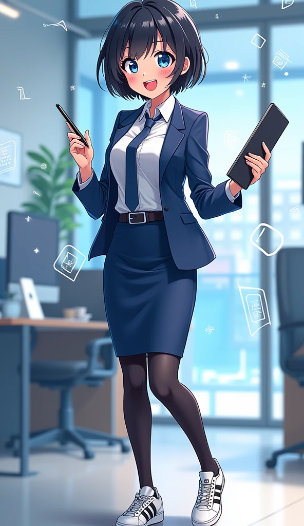 The young woman short black hair and blue eyes wear a blue suit, white shirt, dark blue necktie, black pencil skirt, black underpants, black tights, black socks, adidas white sneakers.
She wears the glasses, Her left hand holds a tablet, Her right hand holds a black pen of tablet, Her eyes are dazzled and smiled, cartoon anime, 4K, HD