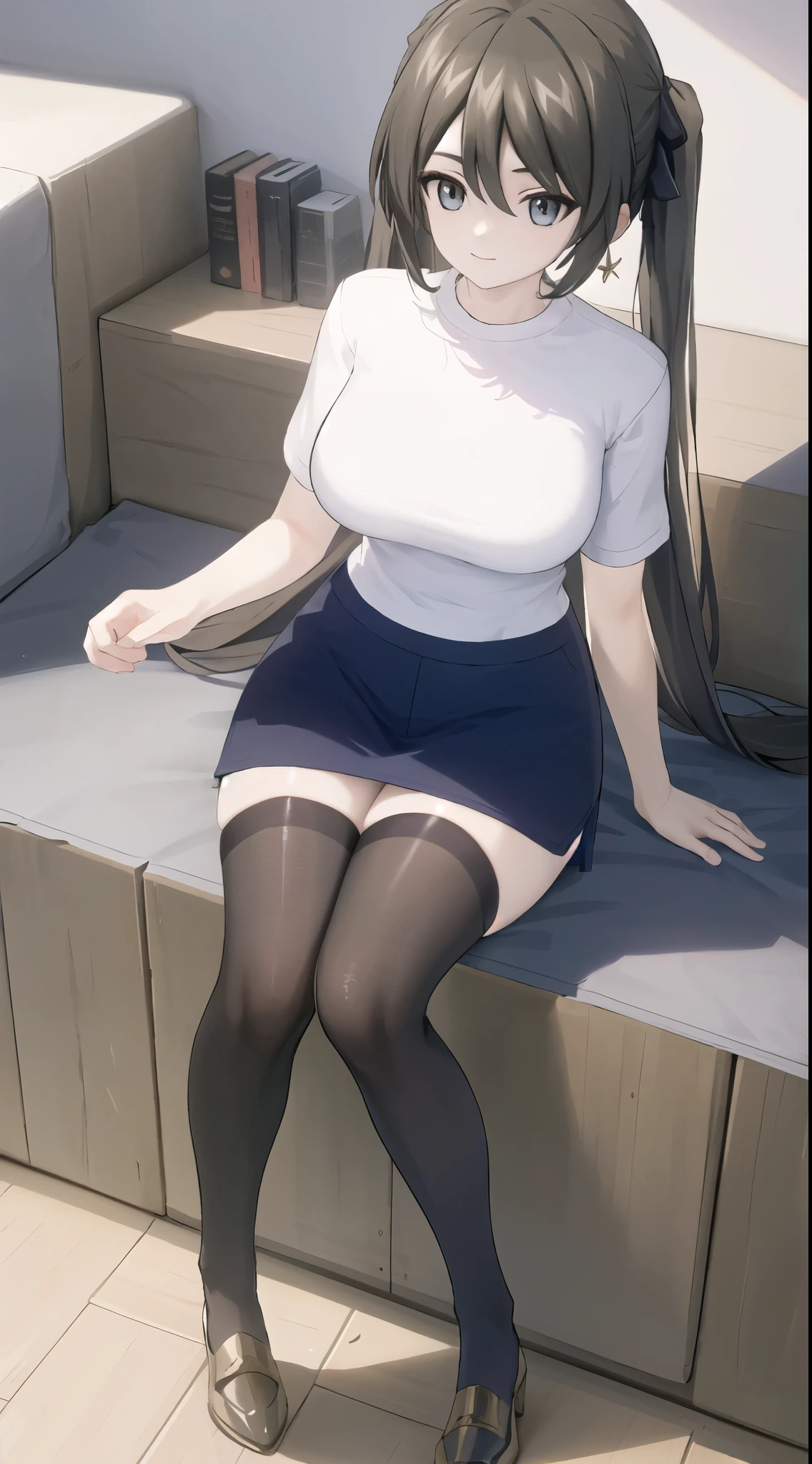 ((masterpiece)),(best quality),(detailed),(1girl),long hair, glowing eyes, white shirt, black skirt, black stockings