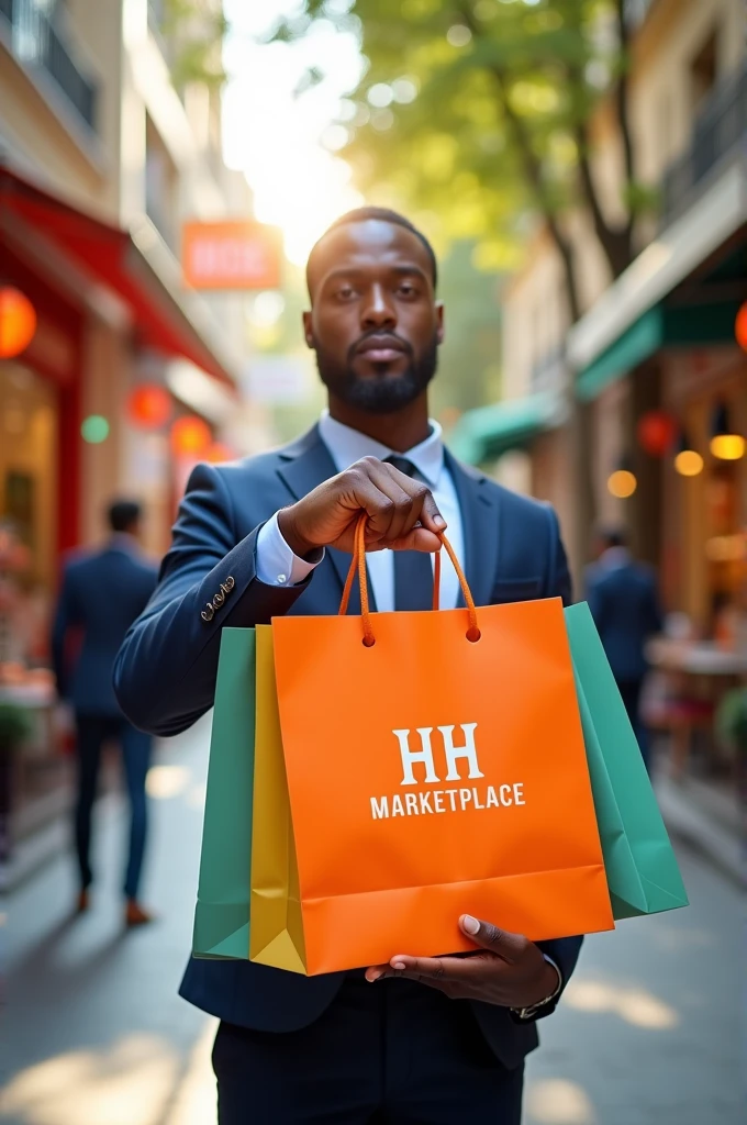 A man holding a shopping bag with logo HH MARKETPLACE front view don't show his face show hands
