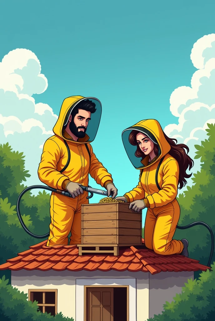 the image must have a cartoon style, with a written sentence " Problems with bees ? I called (17)99181-6498, we serve the extreme region, Camanducaia, Cambui and Braganca Paulista"
Generate an image of two beekeepers, one man and one woman, in yellow beekeeping clothing, the man must be young and have a black beard, eyes black e tom de pele branca
, Lebanese traits , black short hair, eyes black, small-nose, the woman must have brown hair and European features, com olhos castanhos, removing bees from a house, using safety equipment and placing the bees in a box, the image must have a cartoon style, with a written sentence " Problems with bees ? I called (17)99181-6498, we serve the extreme region, Camanducaia, Cambui and Braganca Paulista" everything must be written in Portuguese. They must be handling a fumigator and accessing a nest that is on the roof of the house..