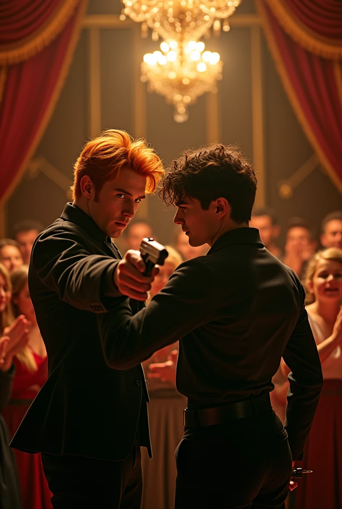 General image of a theater from behind with two young men, one with reddish hair and green eyes, about 20 years old and the other with black hair, about 20 years old, standing in the middle, one pointing at the other with a gun and the other with a knife while the audience applauds